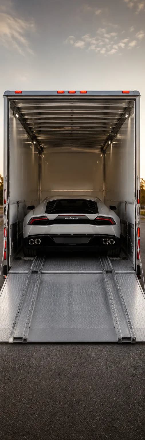 Vehicle loaded inside a fully enclosed transport trailer