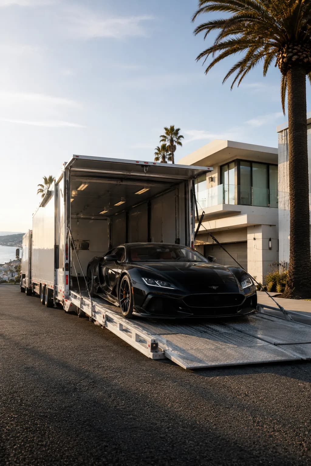 Black exotic sports car being unloaded down the ramp of an enclosed transport trailer