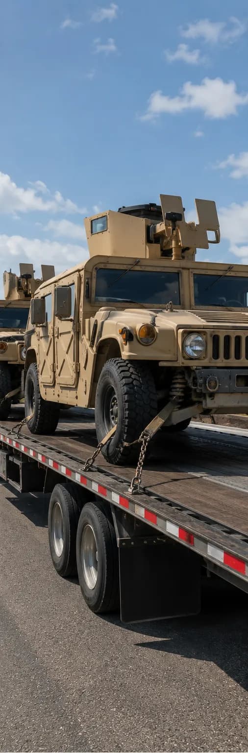 Military Humvees secured on a flatbed trailer for transport