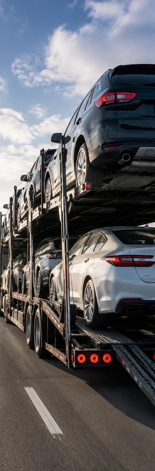 Vehicles loaded on a multi-car open transport carrier on the highway